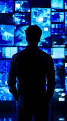 Man in digital control room surveillance systems monitoring