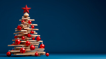A blue abstract Christmas tree made of wooden planks with red Christmas balls and a star on top. Creative Christmas tree on a blue background with space for text. Christmas background
