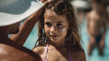 A parent applies sunscreen to a child s cheek by a sunny poolside emphasizing summer fun and skin protection