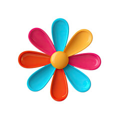 A stylized six-petal flower with vibrant, glossy petals in shades of pink, orange, and blue, centered on a bright yellow circular core