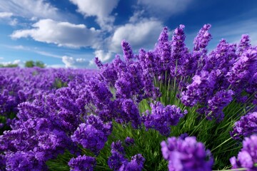 Obraz premium Vivid lavender blooms under a bright sky in a scenic field during the day