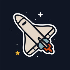 Space Shuttle Illustration with Rocket Flames in Minimal Cartoon Style. Space Shuttle Badge with Flame Trail in Space
