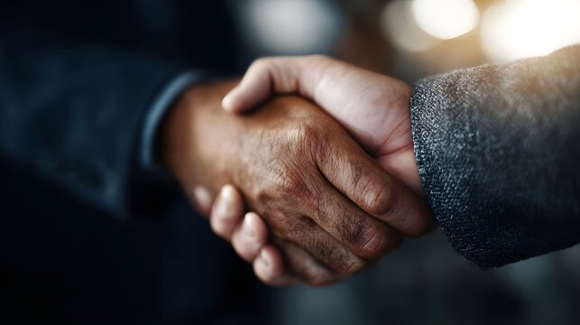 Close up of two diverse business professionals shaking hands sealing a deal symbolizing partnership agreement and mutual trust in a professional