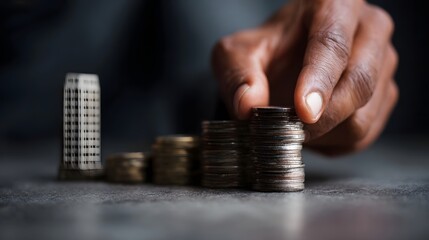 Hand stacking coins beside miniature office tower symbolizing financial growth and investment