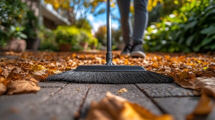 A person cleans a garden path, clearing fallen leaves on a sunny autumn day, highlighting the season's beauty