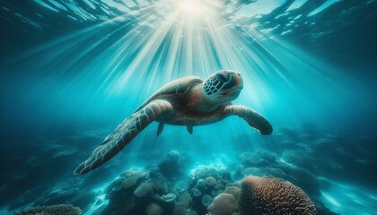 Fototapeta premium Majestic sea turtle glides through sunlit ocean depths over vibrant coral reef, a symbol of marine life's serene beauty and ecological wonder.