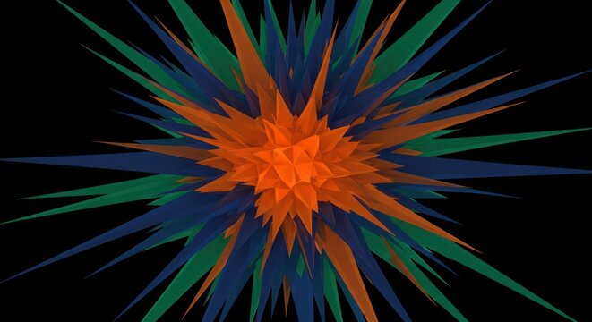 Abstract burst of orange, blue, and green on black background