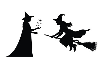 Fototapeta premium Two Black Silhouette Witches: Standing and Flying on a Broom
