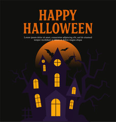 Haunted House Halloween Poster with Orange Moon