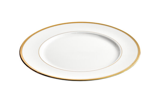 Elegant white plate with a gold rim on black backdrop