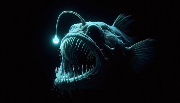 Terrifying deep-sea anglerfish with glowing lure emerges from abyss, showcasing sharp teeth and bioluminescence for hunting prey in dark ocean depths.