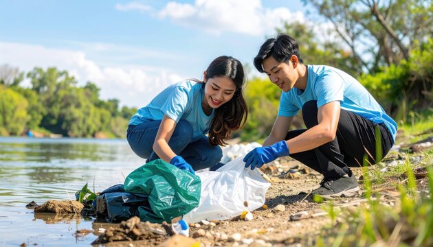 Young volunteers cleaning up a riverbank, collecting trash, with nature and a clear sky in the background - Powered by Adobe