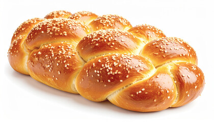 Challah bread with a golden crust and sesame seeds, white background. AI