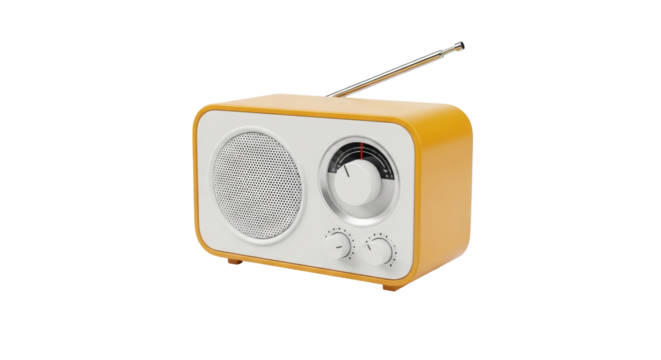 Isolated retro-styled yellow radio receiver with antenna for entertainment and communication