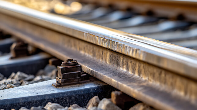 Railway tracks stretching into the distance. Metal rails gleam in the sunlight, held firmly in place by weathered fixtures and stone.