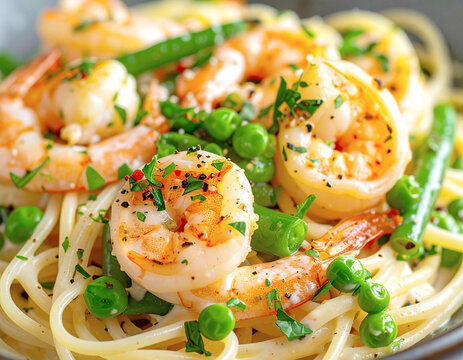 Creamy shrimp scampi with beans and peas, macro shot. AI