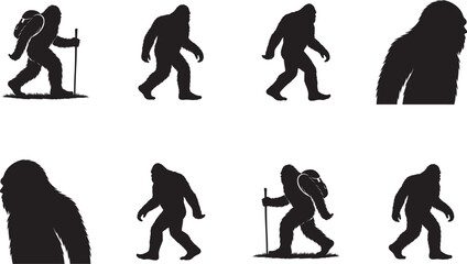 Collection of bigfoot sasquatch silhouettes walking and standing isolated on white background