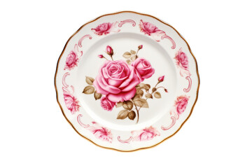 Vintage plate featuring pink roses on a black backdrop