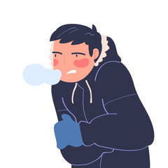 Freezing Man Character Wearing Warm Clothes Trembling Feeling Cold Vector Illustration