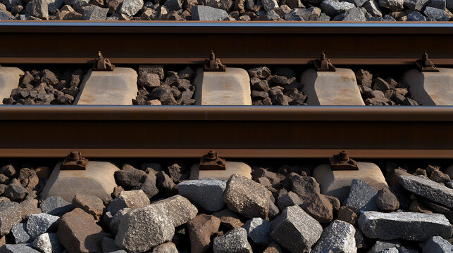 Railway tracks: A close-up perspective showcasing the parallel steel rails, concrete sleepers, and ballast, vital for train transport infrastructure.