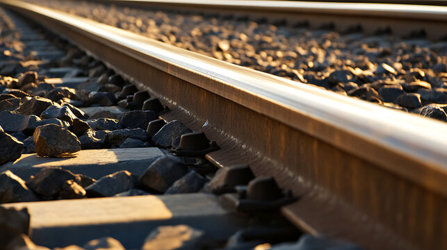 Close-up perspective of parallel train tracks converging into the distance with textured ballast, bathed in warm sunset tones, and sharp contrasting shadows.