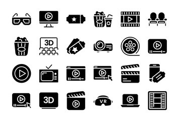 Cinema Set of Web Icons Movie and Film Icon Collection Containing Video Movie Theater 3D VR Popcorn Ticket Director Soundtrack and More