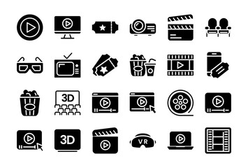 Cinema Set of Web Icons Movie and Film Icon Collection Containing Video Movie Theater 3D VR Popcorn Ticket Director Soundtrack and More