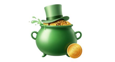 Isolated green pot with gold coins, top hat, and magical splash on a St. Patrick’s Day theme