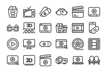 Cinema Set of Web Icons Movie and Film Icon Collection Containing Video Movie Theater 3D VR Popcorn Ticket Director Soundtrack and More