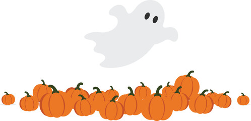 Cute floating ghost spirit hovering above orange pumpkin patch border halloween autumn seasonal festive vector illustration design element background