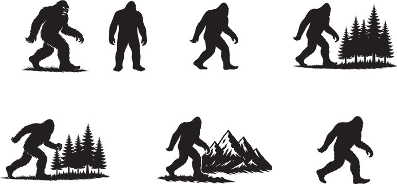 Collection of bigfoot silhouettes in various poses and forest environments isolated on a white background, vector style