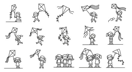 Fototapeta premium A collection of simple line drawings depicting children playing with kites in various poses.