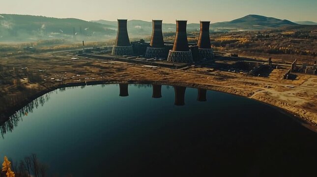 Aerial view of a vast artificial lake reflecting the decaying silhouette of an abandoned industrial complex with cooling towers, surrounded by empty forest, highlighting nature reclaiming post-industr