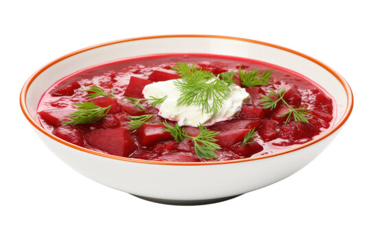 Bowl of borscht with sour cream and fresh dill herbs