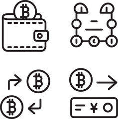 Crypto Wallet Transactions Outline Icons Set – Wallet, Arrows, Blockchain Network, Dollar to Bitcoin Exchange, and Payment Confirmations Vector Pack