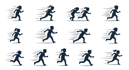 Naklejka premium Silhouette illustrations of children running with motion lines, depicting speed and activity.
