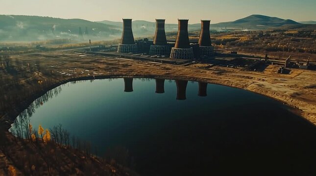 Aerial view of a vast artificial lake reflecting the decaying silhouette of an abandoned industrial complex with cooling towers, surrounded by empty forest, highlighting nature reclaiming post-industr