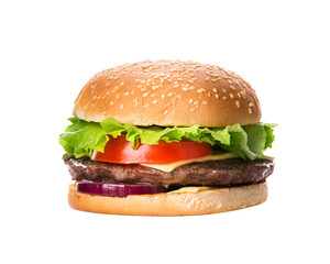 Burger with beef cutlet, green lettuce, tomato and cheese. Cheeseburger, closeup. Isolated on transparent background