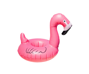 Inflatable toy of pink flamingo, closeup object. Isolated on transparent background
