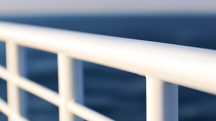 White railing with blurred blue sea background offers a peaceful, tranquil scene. Minimalist composition with strong lines and soft colors.
