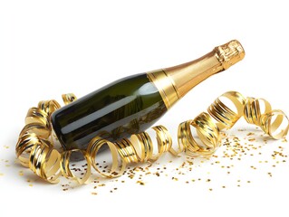 26. A bottle of champagne with metallic streamers on white background