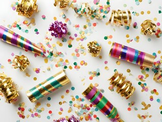25. Festive noisemakers and confetti flat lay on white background