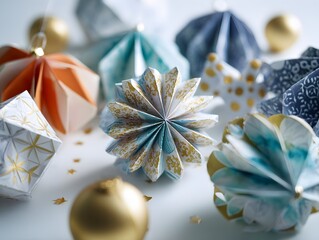 27. Festive paper decorations in geometric shapes on white surface