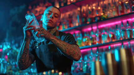 A talented male bartender with tattoos skillfully juggles cocktail shakers in a glowing nightclub. The colorful lighting enhances the energetic atmosphere of the venue