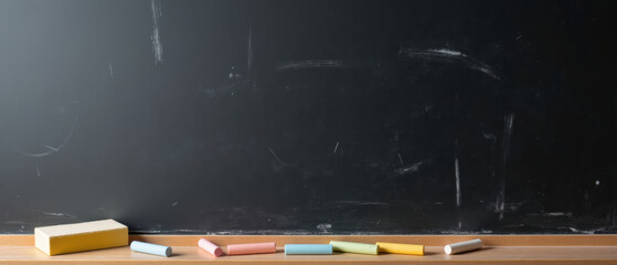 Chalkboard with colorful chalk pieces arranged neatly, creating vibrant and educational atmosphere