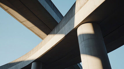 Concrete Overpass Geometry: An abstract low-angle shot featuring geometric patterns of a concrete overpass, emphasized by sunlight and shadows against a blue sky backdrop.