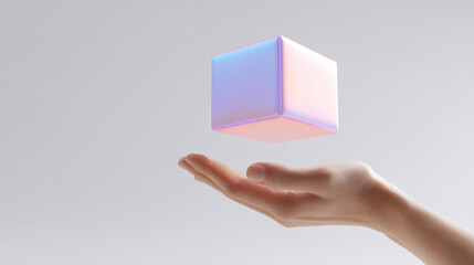 Mysterious futuristic holographic cube hovering over hand. Shimmering floating gift representing new technology, evoking wonder and innovation