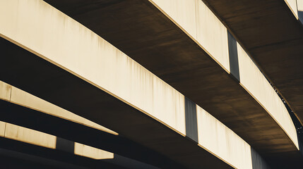 Fototapeta premium Concrete beams in dynamic arrangement and light/shadow interplay. Modern architecture highlighted by geometry. Urban scene. Abstract perspective.