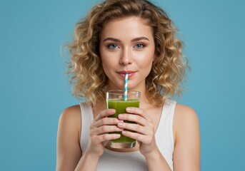 Young woman drinking detox juice with straw on blue wall