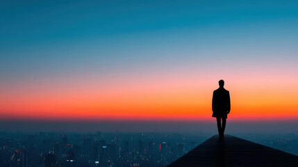 Fototapeta premium Contemplative lone man silhouette watching sunset sky from skyscraper rooftop. solitary view above city expresses ambition and success